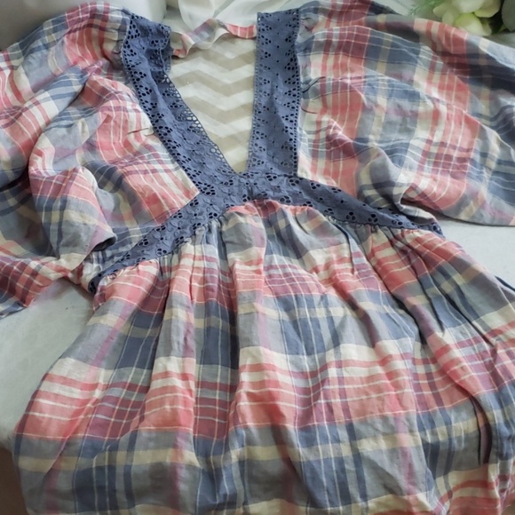 🎁FREE PEOPLE PLAID  LINEN TOP SMALL - Picture 6 of 13